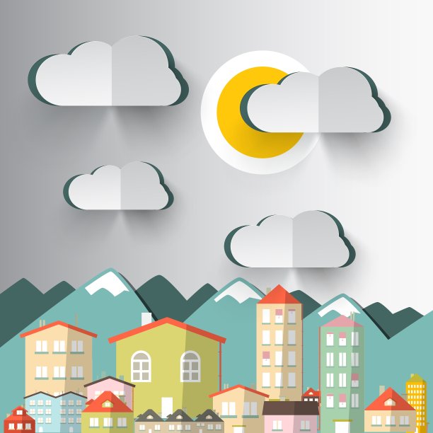 城市山剪纸云和太阳图片下载