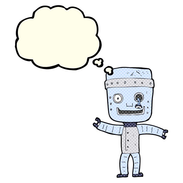 卡通滑稽的老机器人与思想泡泡图片下载