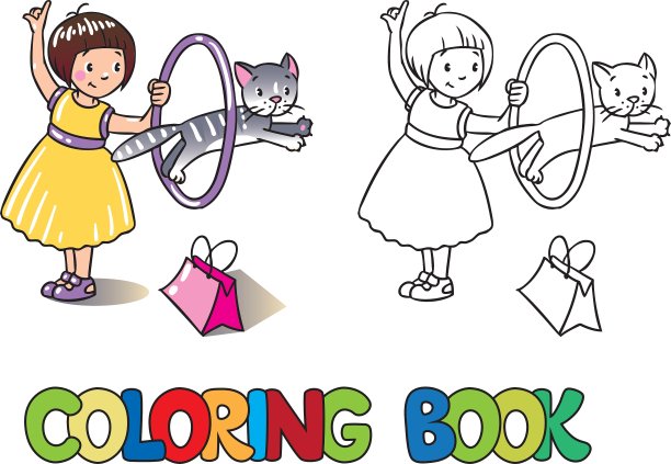 女孩玩猫涂色书图片下载