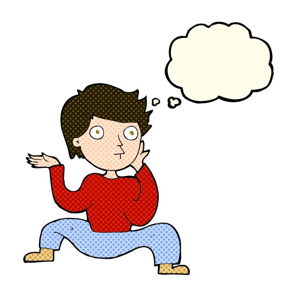 卡通男孩做疯狂的舞蹈与思想泡泡图片下载