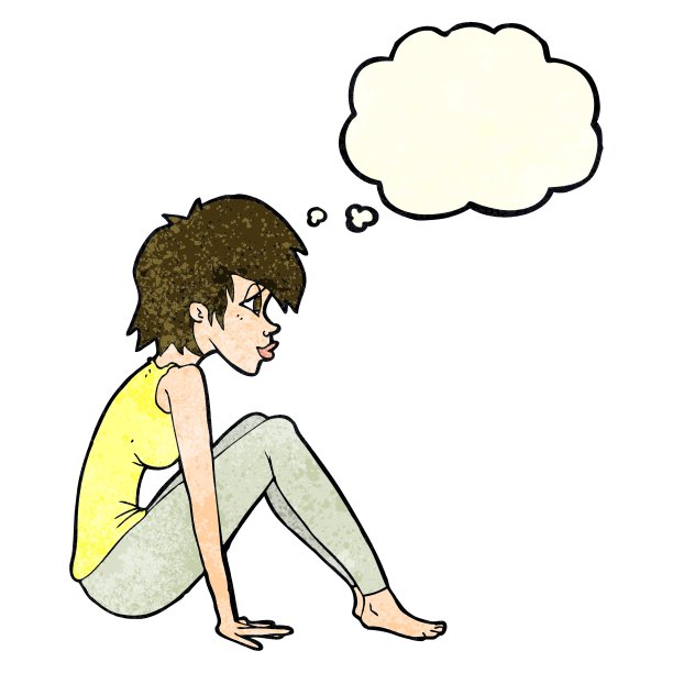 坐着的卡通女人带着思想泡泡图片下载