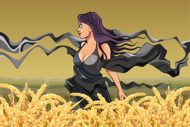 田野里戴着飘动围巾的女孩图片下载