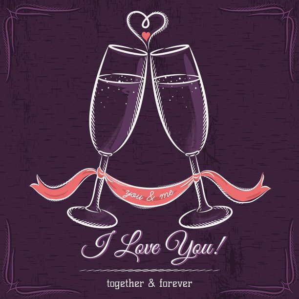 紫色婚礼卡和两杯酒图片下载