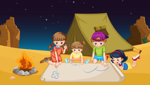 孩子们在沙漠中露营图片下载