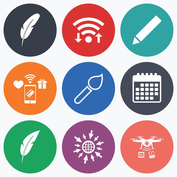 羽毛复古钢笔标志刷子和铅笔图标图片下载