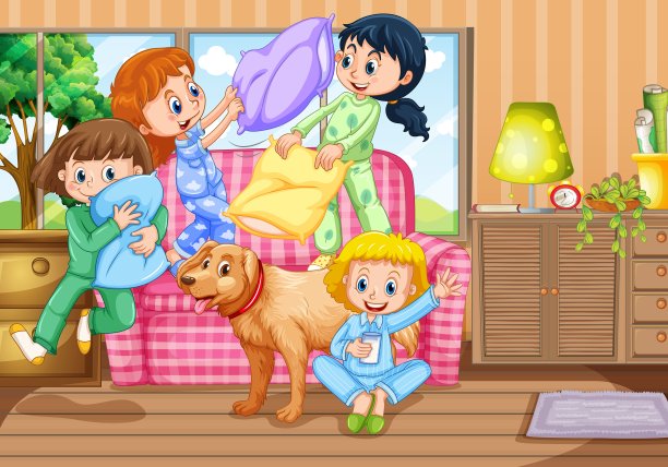 女孩们在睡衣派对上玩枕头大战图片下载