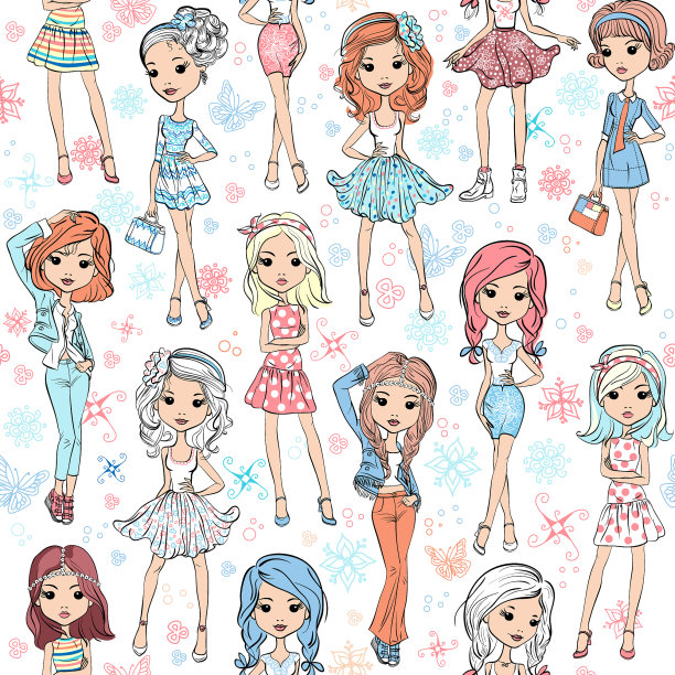 无缝图案与可爱的时髦女孩图片下载