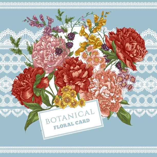 牡丹盛开的复古贺卡图片下载