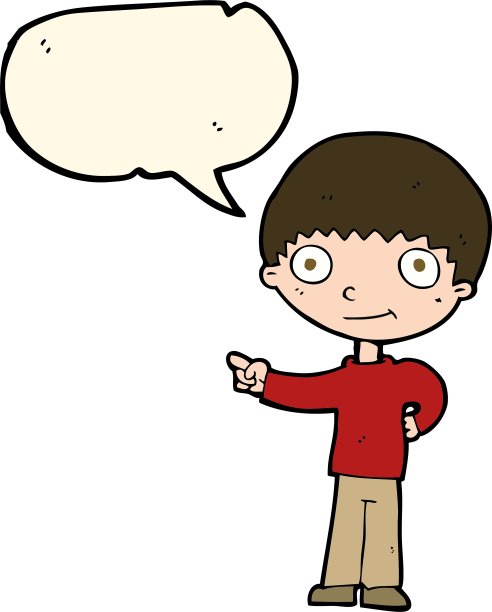 卡通快乐的男孩用手指着泡泡说话图片下载