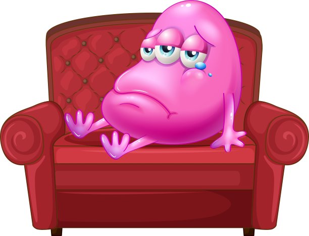 一个坐在红色沙发上哭泣的怪物图片下载