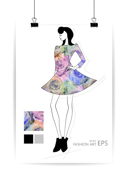 时尚女性在素描风格的贺卡图片下载