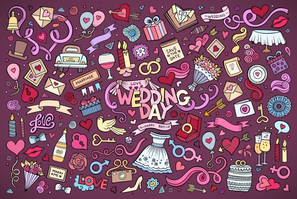 彩色婚礼涂鸦卡通套装图片下载