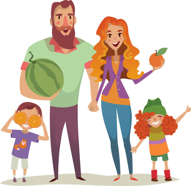 一对有两个孩子和水果的积极夫妇图片下载