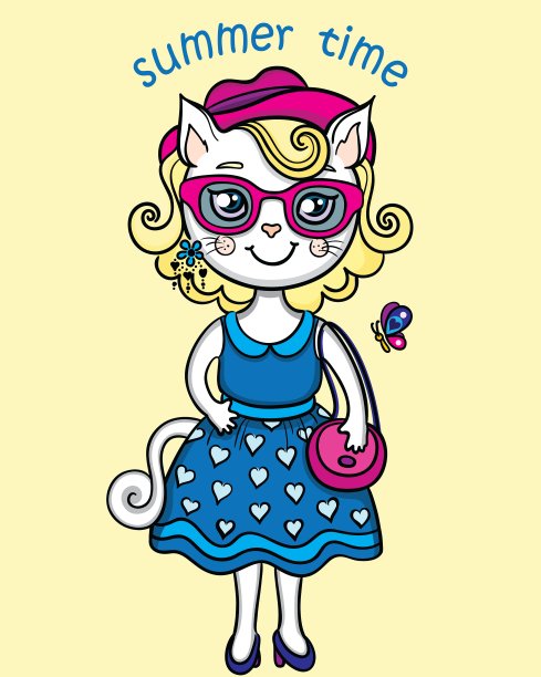 t恤图案与可爱的夏天女士猫图片下载