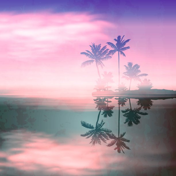 海上日落与岛屿和棕榈树图片下载