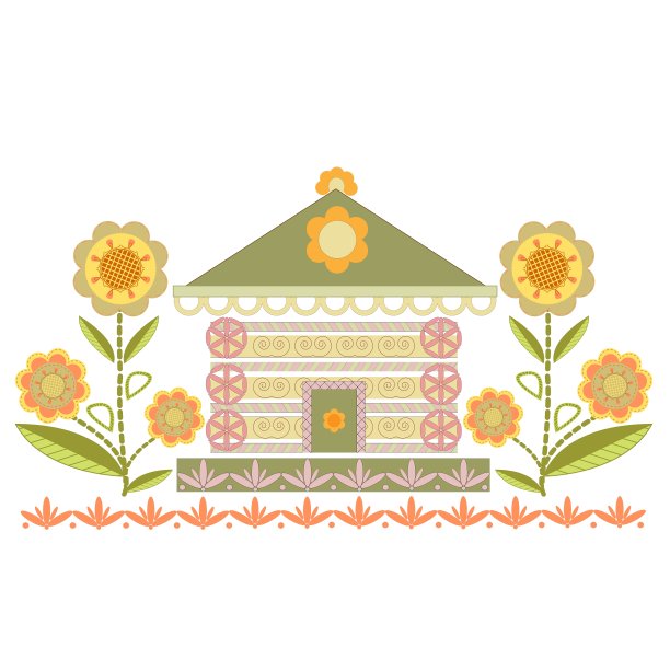 房子的装饰和程式化的鲜花在绿色图片下载