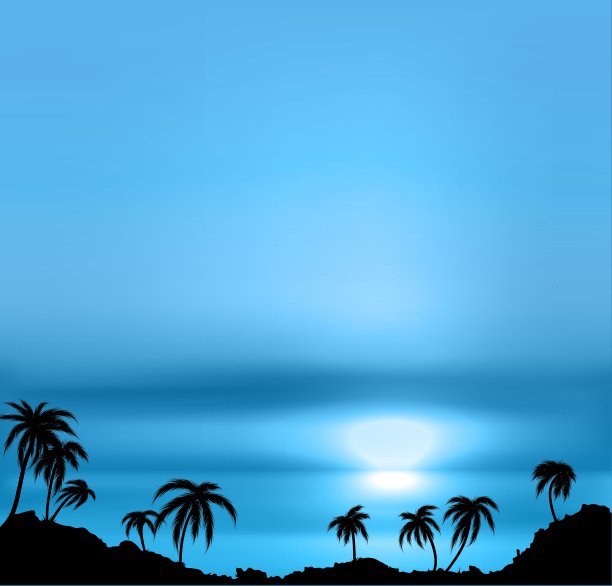 日落背景与大海和棕榈树图片下载