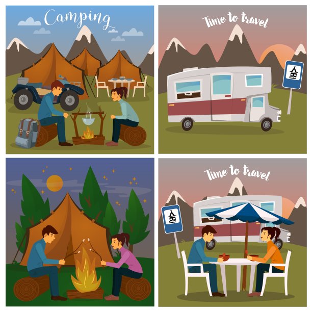 夏令营男人和女人坐在壁炉旁图片下载