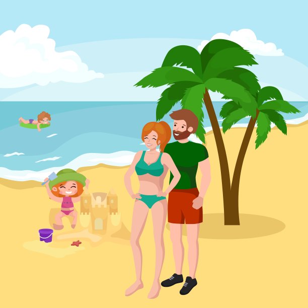 夏天的孩子们在沙滩上的沙滩上玩耍图片下载