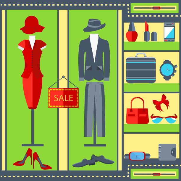 商店橱窗，男装，女装，套装，连衣裙图片下载