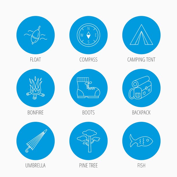 松树钓鱼浮子和登山靴的图标图片下载