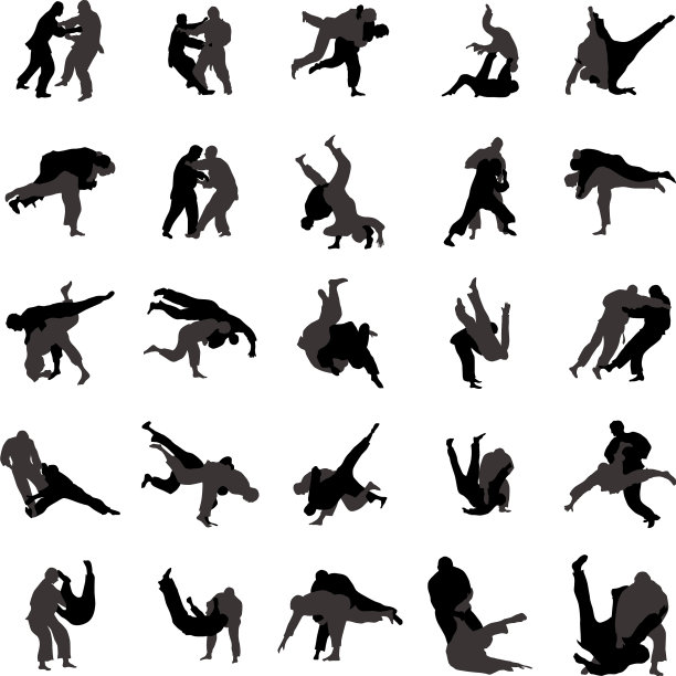 柔道摔跤手剪影设置图标简单的风格图片下载