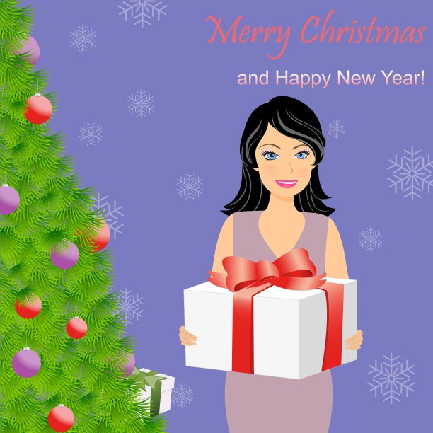 女孩拿着礼物盒在圣诞树旁图片下载