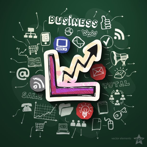 商业拼贴与图标在黑板上图片下载