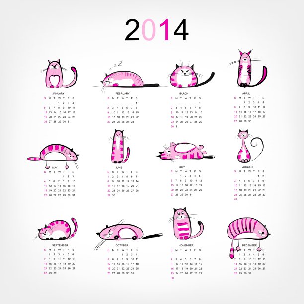 2014年日历上有12只有趣的粉色猫咪图片下载