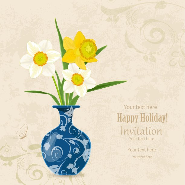 古董卡片花瓶与一束水仙花图片下载