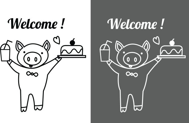 可爱的猪拿着冰玻璃杯和蛋糕欢迎图片下载