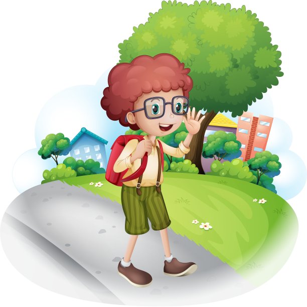 一个男孩背着背包在街上走图片下载