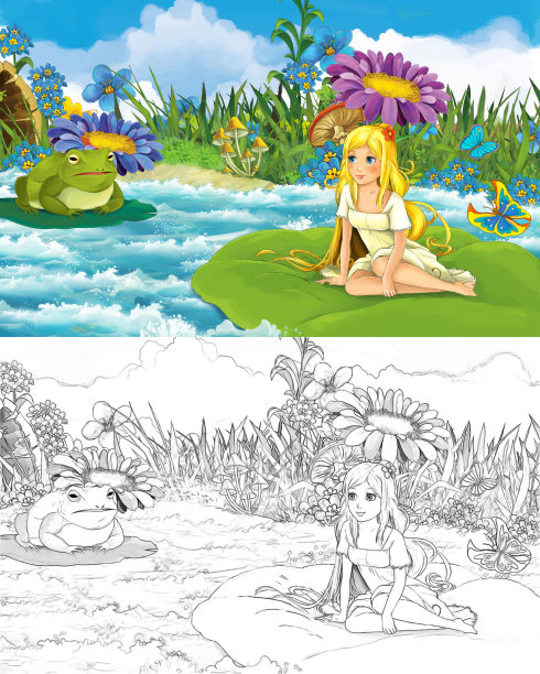 卡通场景与年轻美丽的小女孩在小溪附近的一些草地与野生青蛙或蟾蜍与素描图片下载