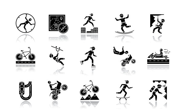 极限运动下降阴影黑色象形文字图标集。登山,登山。山洞探险。骑自行车,机器人前进。汽车比赛。街头文化。越野识途比赛技巧。孤立的矢量插图图片下载