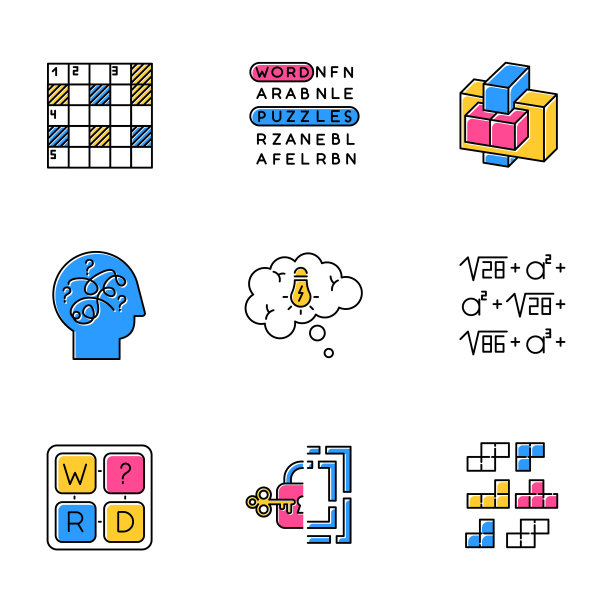 谜题和谜语颜色图标集。建设、字拼图。字谜游戏。数学问题。迷惑头脑。逻辑游戏。精神运动。脑筋急转弯。找到解决方案。孤立的矢量插图图片下载