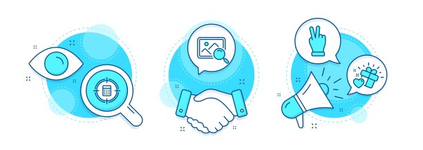 爱的礼物，计算器目标和搜索照片图标集。胜利的手的迹象。用心，审计，寻找形象。向量图片下载