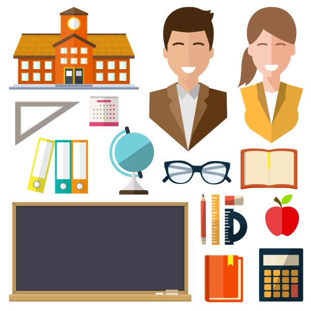 老师，白色背景上孤立的图标，书籍，日记，日程表，黑板，苹果，尺，学院，眼镜，地球仪，日历，笔记本，洗衣机，铅笔图片下载