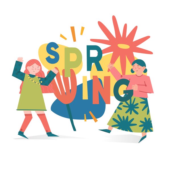 春季插画概念与卡通人物人物。现代背景，可爱的花朵，树叶和抽象的形状。向量图片下载