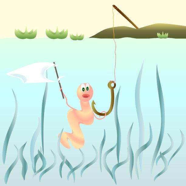 受惊的蚯蚓在鱼钩上举着白旗图片下载