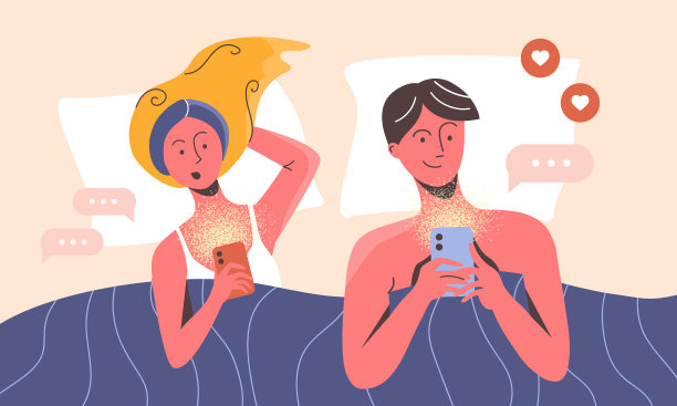 年轻夫妇躺在床上，用智能手机上网聊天，玩游戏，在社交网络上拖延时间。手机依赖的社会问题。封锁期间上网。图片下载