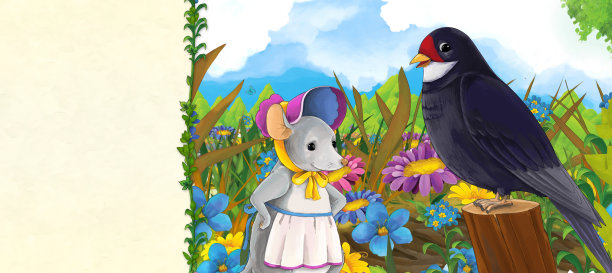 卡通场景与雌性老鼠和年轻美丽的女孩在自然插图图片下载