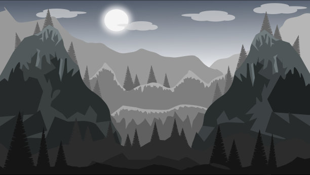 夜景山景图，以山、天、月、云、树为构图。晚上的风景。图片下载