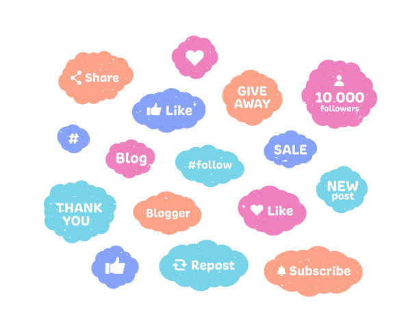 社交媒体图标集。彩色张贴和旗帜模板概念。矢量平面插图。一组云形状的符号，对博客有用。设计元素的旗帜，按钮，ui。图片下载