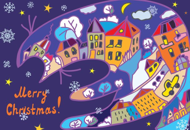 有城镇和猫的圣诞贺卡图片下载