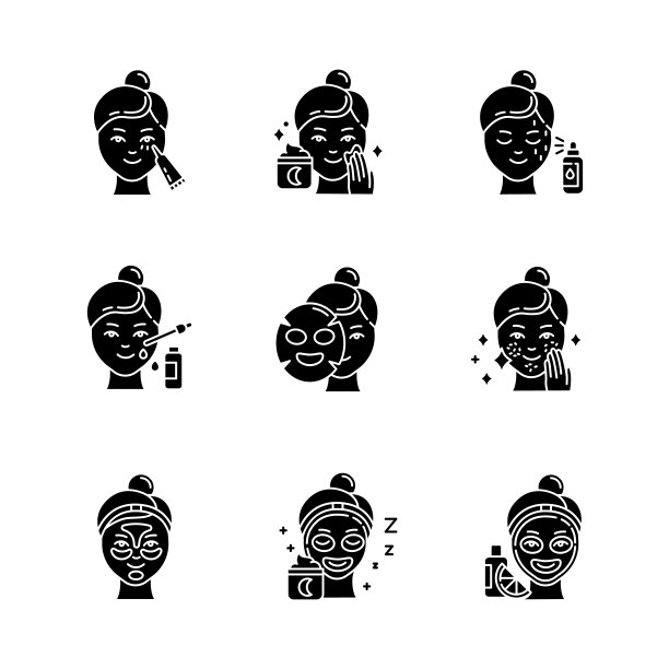 皮肤护理程序字形图标设置。夜间美容程序。黑眼圈奶油。表的面具。发现治疗。水凝胶补丁。维生素C血清。轮廓符号。向量孤立的插图图片下载