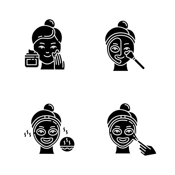 皮肤护理程序字形图标设置。去死皮膏。热面膜，打开毛孔。面部护理的液体面膜。美容习惯。轮廓符号。向量孤立的插图图片下载