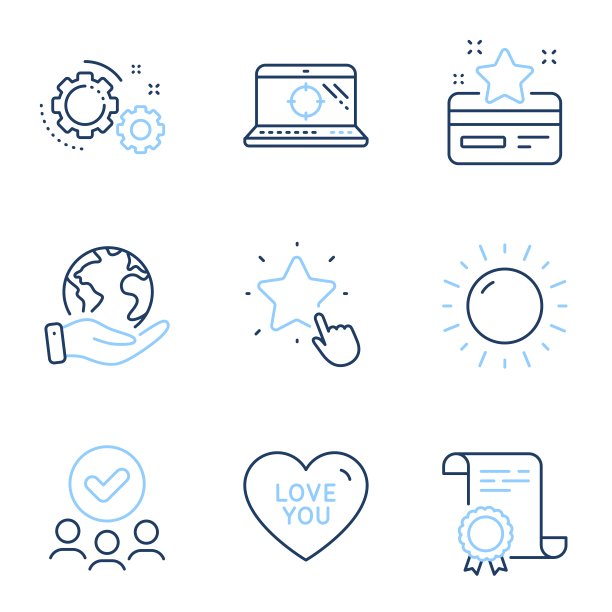 阳光明媚的天气，爱你和齿轮图标集。排名明星，忠诚卡和Seo笔记本标志。向量图片下载