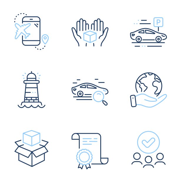 停车，包装盒和保持盒图标集。航班目的地，搜索汽车和灯塔标志。向量图片下载