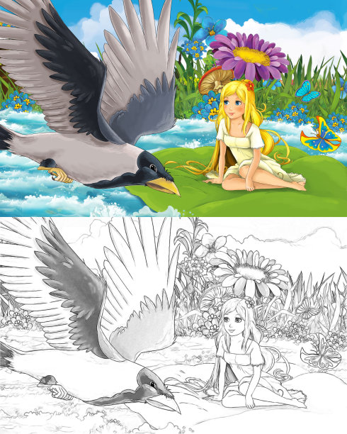 卡通场景与年轻美丽的小女孩在小溪附近的一些草地与野鸟与素描图片下载