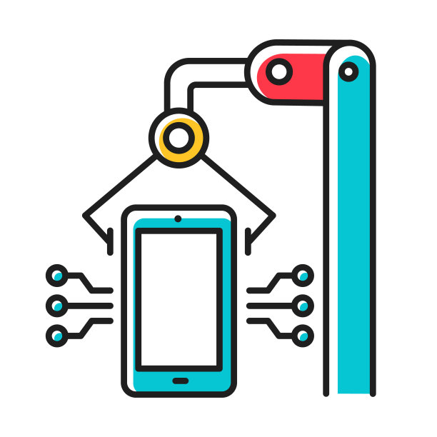 电子行业的彩色图标。智能手机和平板电脑生产。便携式电子产品的发展。电子设备工厂。技术机械。硬件维修。孤立的矢量图图片下载